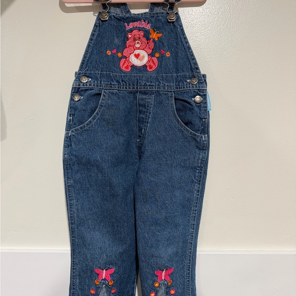 Vintage Care Bears Blue Denim Overalls with Pink and Red Accents